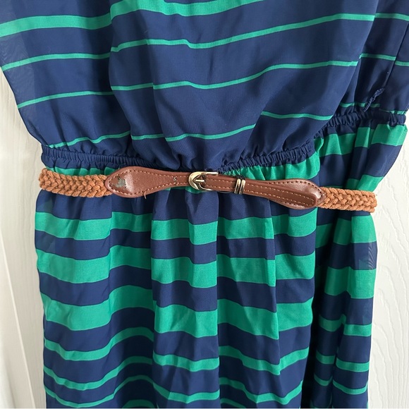 Junior’s Striped Dress with Belt - Navy/Green - Medium - Picture 2 of 7